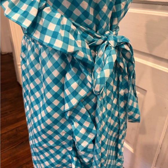 Kate Spade Blue Gingham Ruffle Tie Waist Lined Silk Designer Slimming Dress Sz 4 - Picture 7 of 11